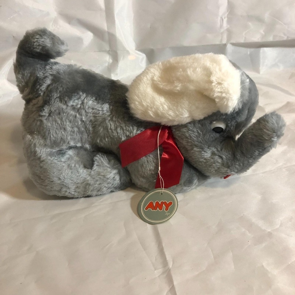 ANY Plush Elephant Korea 13" Gray red stuffed animal laying Daebong Vintage Tag